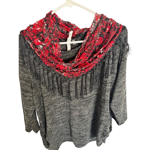 NY Collection Gray Heather Lightweight Sweater Size XL Red Scarf NWT - Picture 2 of 11